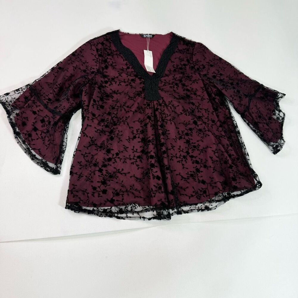 BloomChic Blouse Womens 14/16 Black Maroon Lace 3/4 Bell vamp Goth Witchy